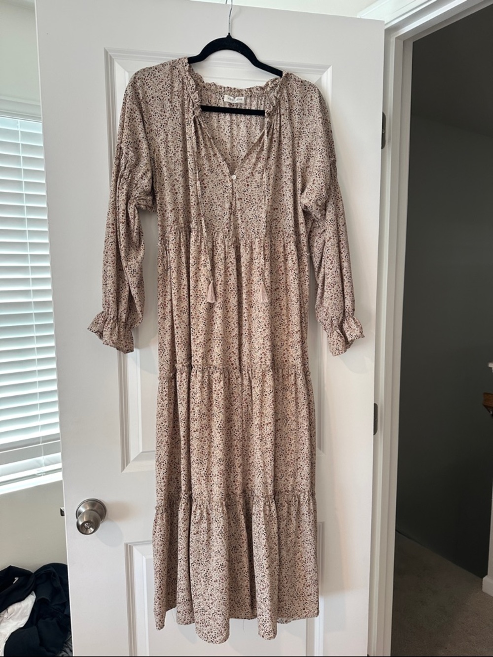 vestique Beige Floral Tiered Maxi Dress with Tie Neck